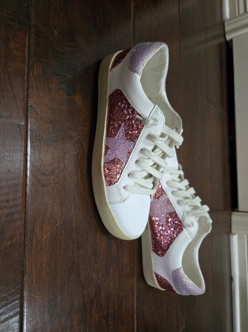 White Lace-Up Sneakers with Pink Glitter Star Accent